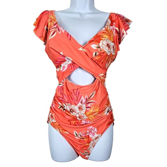 Womens Med Floral One Piece Swimsuit Ruffle Sleeves & Cutout Design V Neck Wrap - Picture 5 of 10